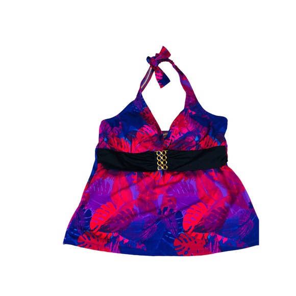 Tankini Top Women 14 Red Leaf Print Halter Swimwear Tropical Bathing NWT 3862  F - Picture 1 of 6